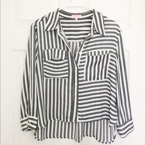 Gray Striped Cropped Button Down Blouse